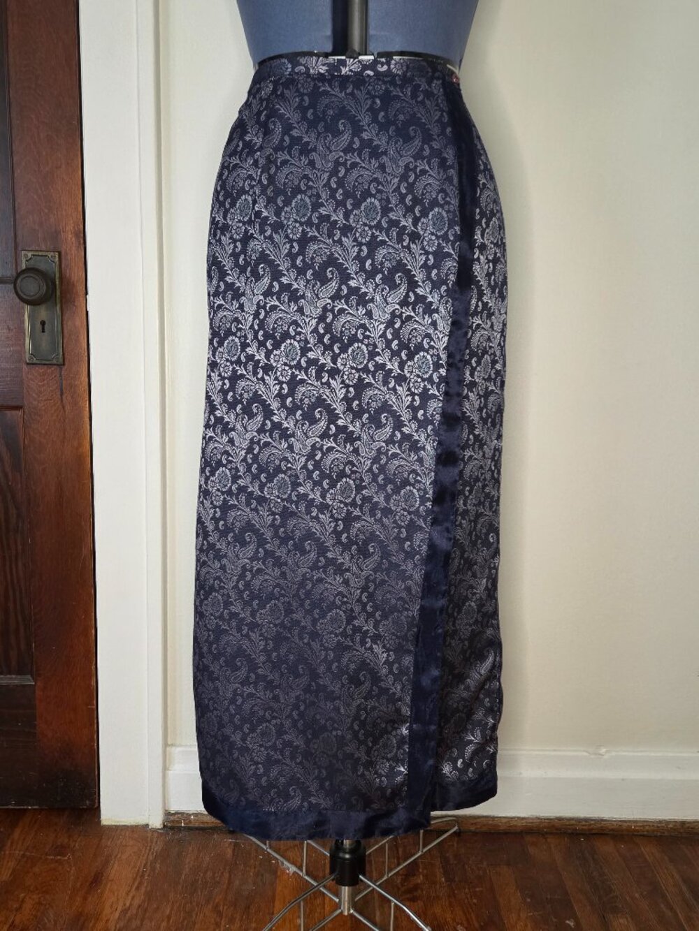 Vintage Cherokee Navy and Silver Floral Jacquard Maxi Wrap Skirt